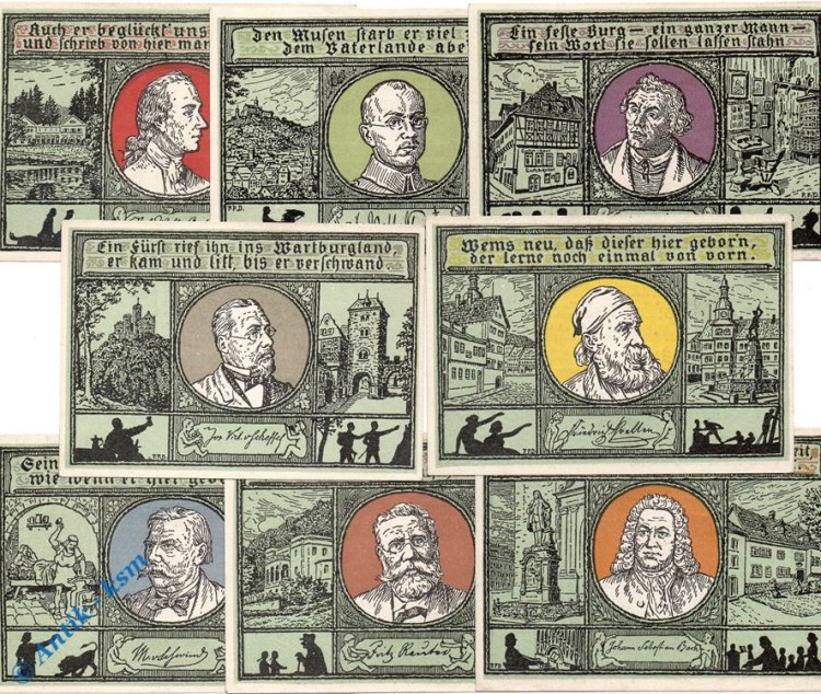 Notgeld Eisenach Dahms , Satz mit 8 Scheinen , Papier weiß + glatt , Mehl Grabowski 318.1 , Thüringen Seriennotgeld