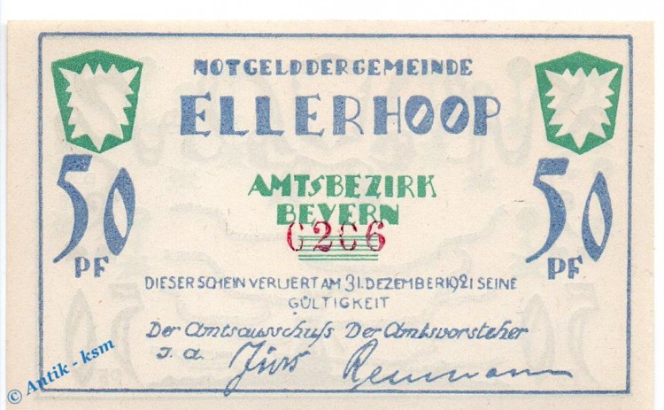 Notgeld Ellerhoop , 50 Pfennig Schein Nr 1 , weiß und glatt , Mehl Grabowski 330.2 a , Schleswig Holstein Seriennotgeld