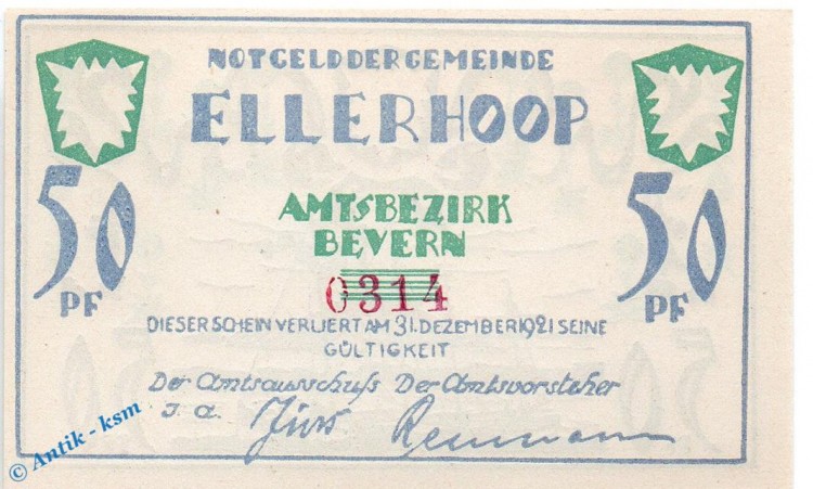 Notgeld Ellerhoop , 50 Pfennig Schein Nr 2 , weiß und glatt , Mehl Grabowski 330.2 a , Schleswig Holstein Seriennotgeld