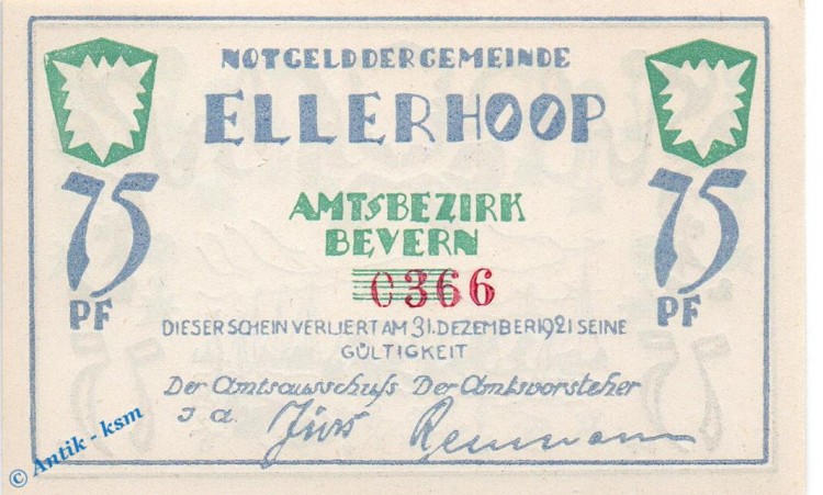 Notgeld Ellerhoop , 75 Pfennig Schein Nr 1 , weiß und glatt , Mehl Grabowski 330.2 a , Schleswig Holstein Seriennotgeld