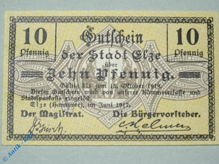Notgeld Elze , 10 Pfennig Schein , Tieste 1690.05.01 , von 1917 , Niedersachsen Verkehrsausgabe