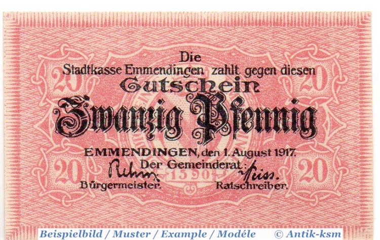 Notgeld Emmendingen , 20 Pfennig Schein in kfr. Tieste 1705.05.22 , von 1917 , Baden Verkehrsausgabe