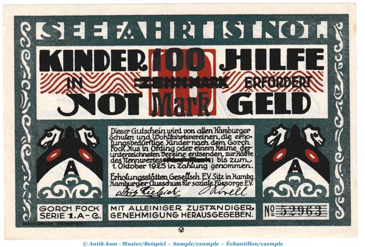 Notgeld Erholungsstätten e.V. Hamburg 526.2 , 100 Mark -Überdruck- in kfr. o.D. Hamburg Seriennotgeld