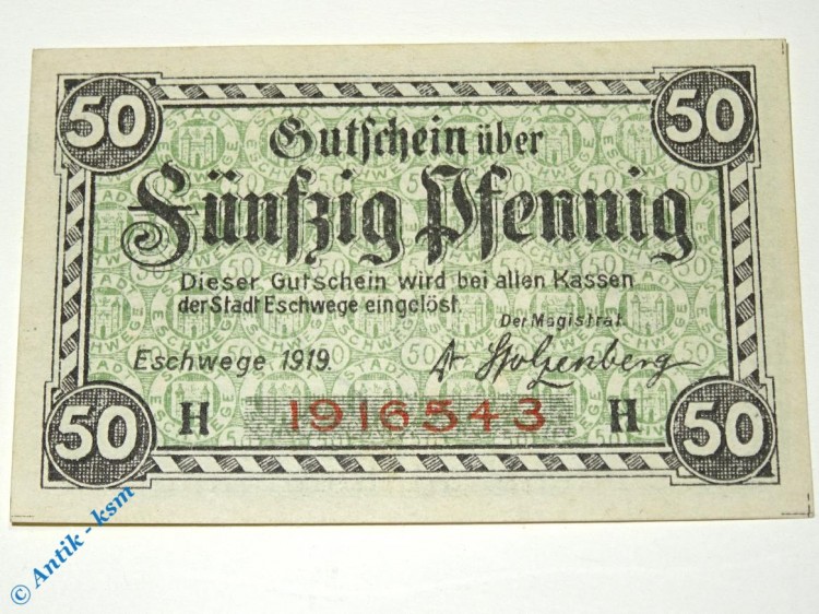 Eschwege , Notgeld 50 Pfennig Schein unc-kfr. Ti.1785.05.20 , Hessen 1919 Verkehrsausgabe