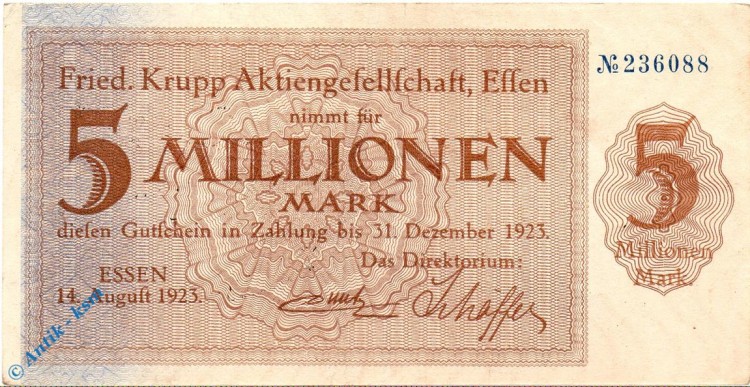 Notgeld Essen , Krupp , 5 Millionen Mark Schein , Keller 1429 m , 14.08.1923 , Rheinland Großnotgeld