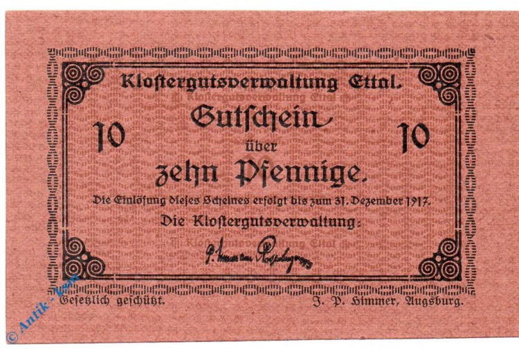 Notgeld Klostergut Ettal 1810.05.36 , 10 Pfennig Schein in kfr. o.D. Bayern Verkehrsausgabe