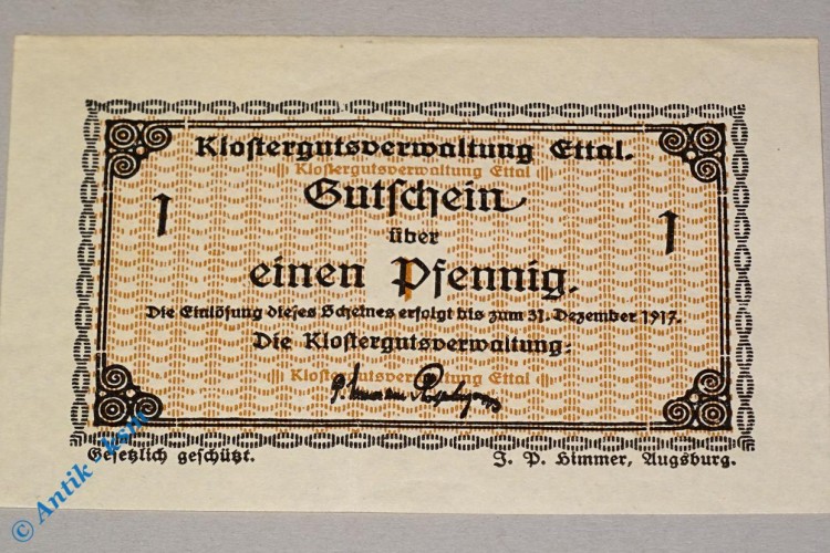 Notgeld Ettal , 1 Pfennig Schein , Tieste 1810.05.50 , Bayern Verkehrsausgabe