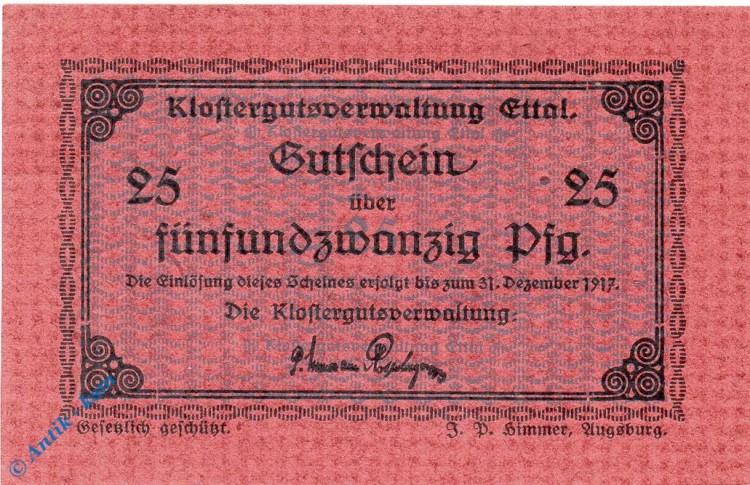 Notgeld Klostergut Ettal 1810.05.37 , 25 Pfennig Schein in kfr. o.D. Bayern Verkehrsausgabe
