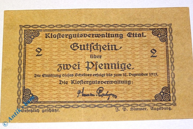 Notgeld Ettal , 2 Pfennig Schein geflecktes Papier , Tieste 1810.05.16 , Bayern Verkehrsausgabe