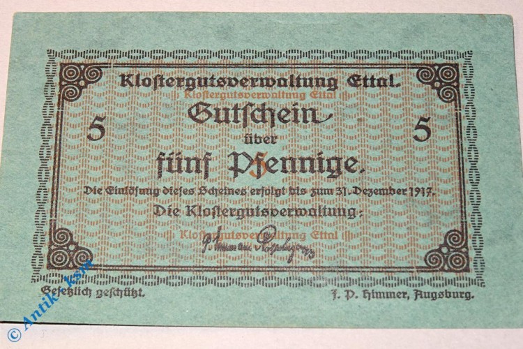 Ettal , Notgeld 5 Pfennig Schein in kfr. Tieste 1810.05.03 Bayern o.D.  Verkehrsausgabe