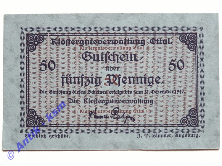 Notgeld Ettal , Bayern , Einzelschein über 50 Pfennig , Tieste 1810.19.1 , von 1917 , Verkehrsausgabe