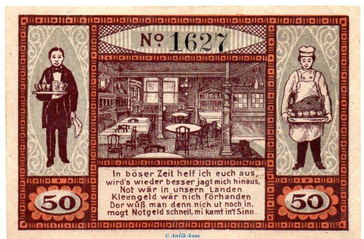 Notgeld F. Maedickes Hotel Kiel 697.1 , 50 Pfennig Schein in kfr. o.D. Schleswig Holstein Seriennotgeld