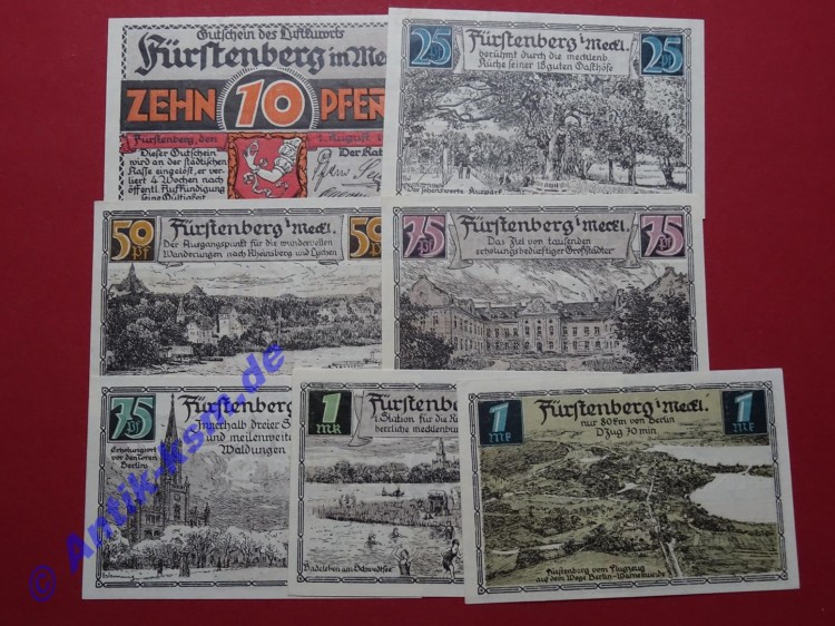 Notgeld Fürstenberg , Satz mit 7 Scheinen , Mehl Grabowski 402.8 und 9 , von 1921 , Brandenburg Seriennotgeld
