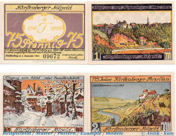 Notgeld Fürstenberg , Set mit 4 Scheinen in kfr. Mehl Grabowski 401.1 , von 1921 , Niedersachsen Seriennotgeld