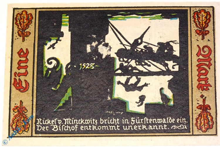 Notgeld Fürstenwalde , 1 Mark Scheinen Nr 1 , Mehl Grabowski 403.1 , von 1921 , Brandenburg Seriennotgeld