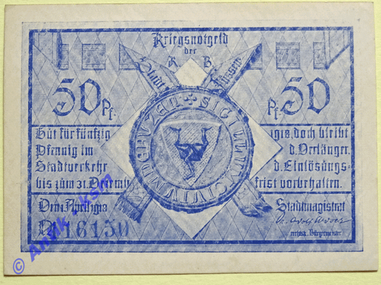 Notgeld Füssen , Bayern , Einzelschein über 50 Pfennig , Tieste 2085.05 , von 1918 , Verkehrsausgabe
