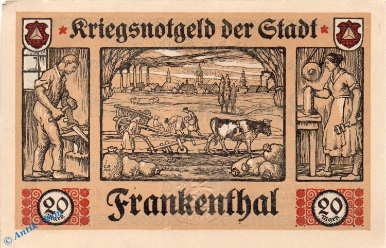 Notgeld Frankenthal , 20 Mark Schein in kfr. Geiger 149.03 , 10.10.1918 , Pfalz Großnotgeld 