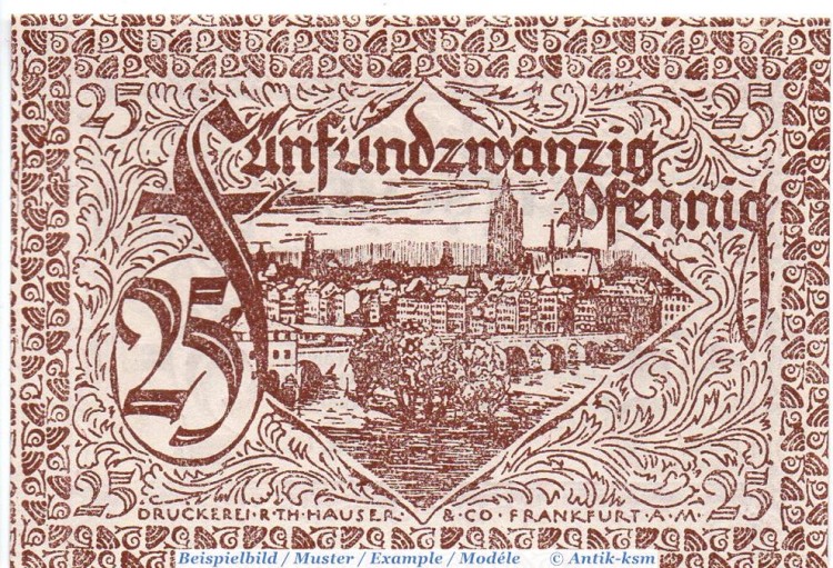 Notgeld Frankfurt , 25 Pfennig Schein in kfr. Tieste 1930.15.05-30 , von 1919 , Hessen Verkehrsausgabe