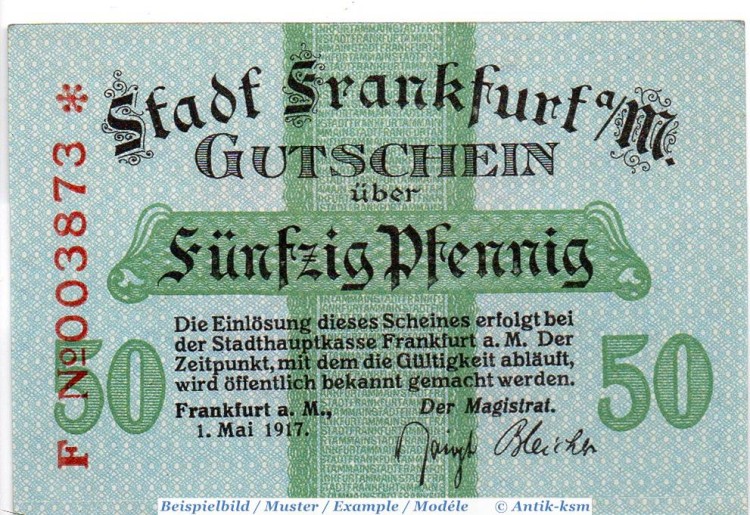 Notgeld Frankfurt , 50 Pfennig Schein in kfr. Tieste 1930.15.01 , von 1917 , Hessen Verkehrsausgabe