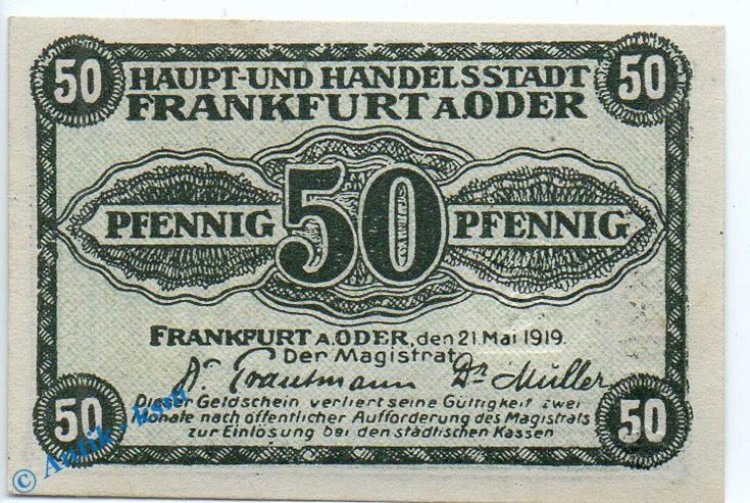 Notgeld Frankfurt Oder , 50 Pfennig Schein in kfr. Tieste 1935.05.05 , von 1917 , Brandenburg Verkehrsausgabe