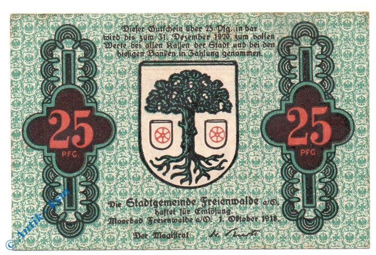 Notgeld Freienwalde , 25 Pfennig Schein , o. Drfa , Tieste 1970.05.10 , von 1918 , Brandenburg Verkehrsausgabe