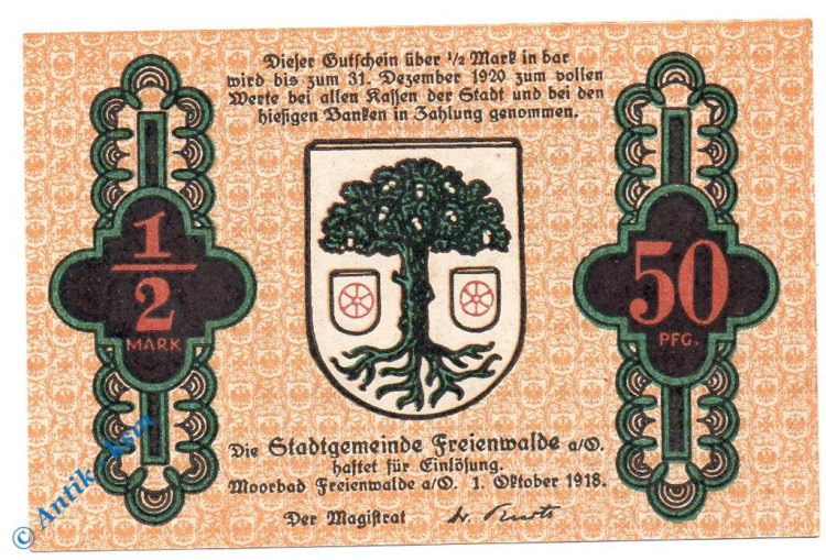 Notgeld Freienwalde , 50 Pfennig Schein , o. Drfa , Tieste 1970.05.11 , von 1918 , Brandenburg Verkehrsausgabe