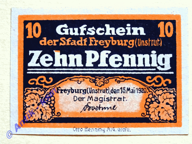 Notgeld Freyburg , Fehldruck , Provinz Sachsen , Einzelschein über 10 und 5 Pfennig , Verkehrsausgabe , Tieste 1980.05 , von 1920