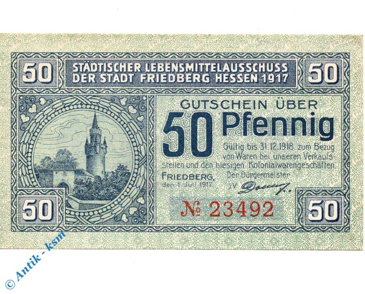 Notgeld Friedberg , 50 Pfennig Schein , Donner , Tieste 1995.10.01 , von 1917 , Hessen Verkehrsausgabe