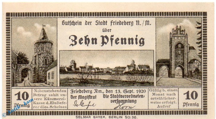 Notgeld Friedeberg , 10 Pfennig Schein in kfr. Tieste 2000.05.01 , von 1920 , Brandenburg Verkehrsausgabe
