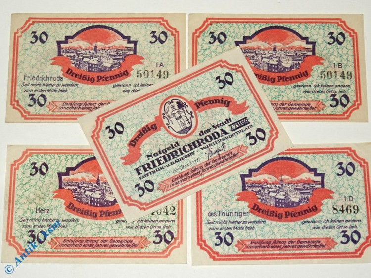 Notgeld Friedrichroda , Set mit 5 x 30 Pfennig , Mehl Grabowski 393.1 a , Thüringen Seriennotgeld