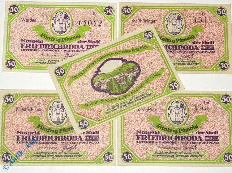 Notgeld Friedrichroda , Set mit 5 x 50 Pfennig , Mehl Grabowski 393.1 a , Thüringen Seriennotgeld