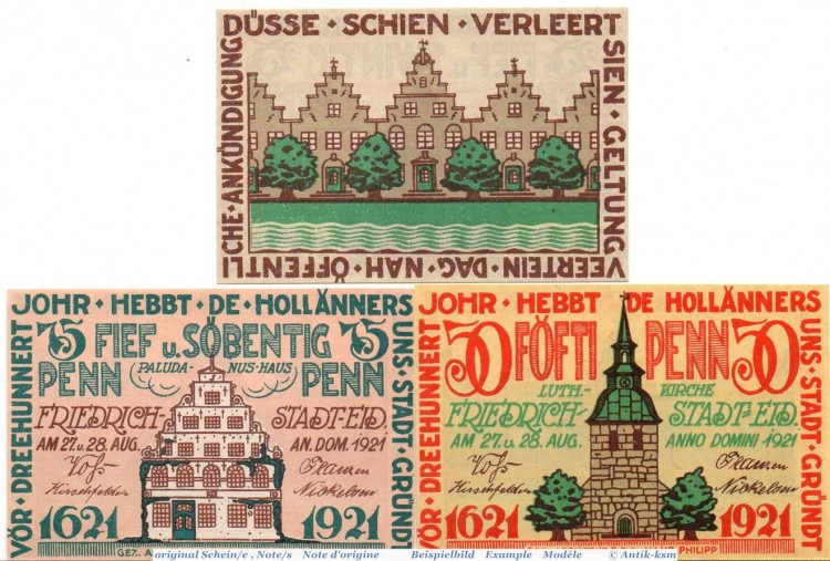 Notgeld Friedrichstadt , Set mit 3 Scheinen in kfr. Mehl Grabowski 395.1 , von 1921 , Schleswig Holstein Seriennotgeld