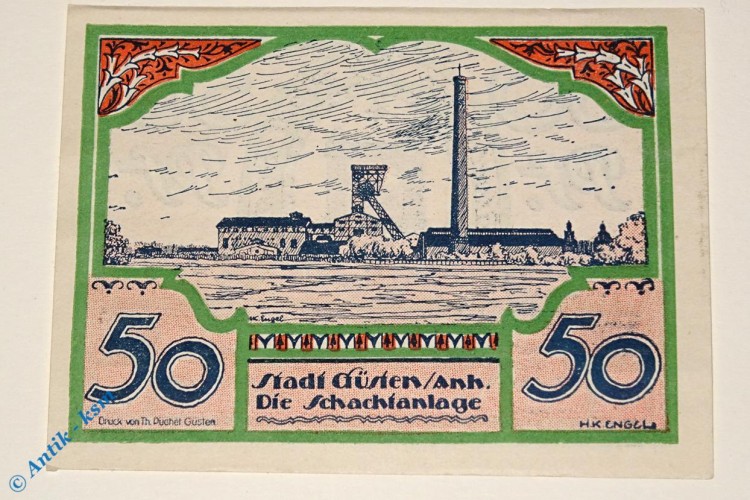 Notgeld Güsten , 50 Pfennig Schein Nr. 5 , Mehl Grabowski 494.1 , von 1921 , Sachsen Anhalt Seriennotgeld