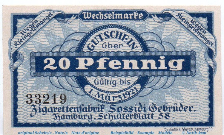 Notgeld Gebr. Sossidi Hamburg 3765.450.01 , 20 Pfennig Schein in kfr. o.D. Hamburg Verkehrsausgabe