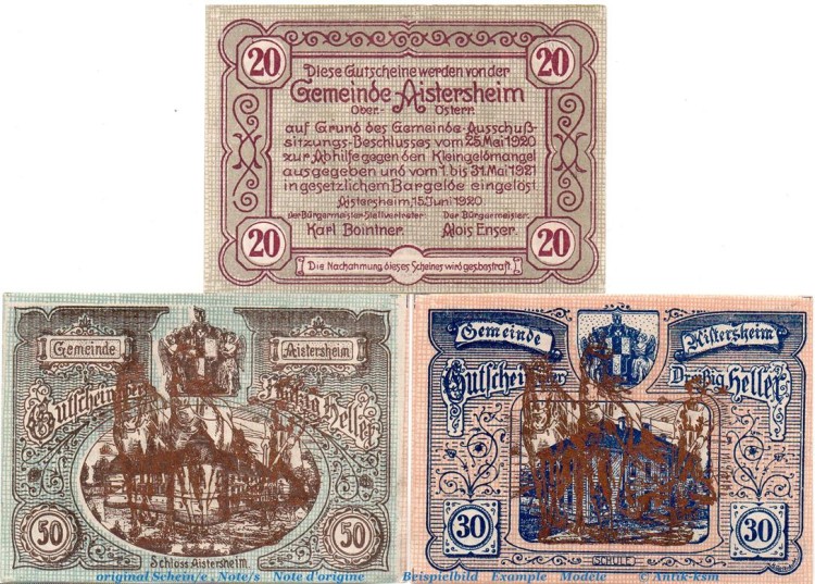 Notgeld Gemeinde Aisterheim , S.15.II Pflüger Kupfer , Set mit 3 Scheinen in kfr. 1921 , Oberösterreich