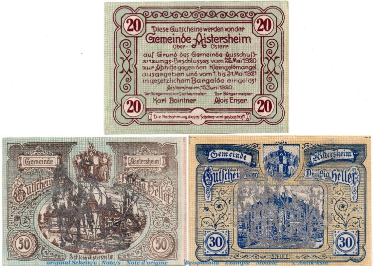 Notgeld Gemeinde Aistersheim , S.15.II Pflüger Silber , Set mit 3 Scheinen in kfr. von 1920 , Oberösterreich