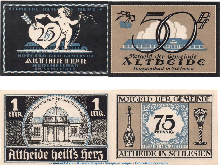 Notgeld Gemeinde Altheide 28.1 , Set -blau- mit 4 Scheinen in kfr. o.D. Schlesien Seriennotgeld