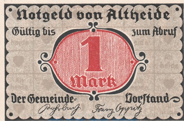 Notgeld Gemeinde Altheide 28.2 , 1 Mark Schein -rot- in kfr. von 1921 , Schlesien Seriennotgeld