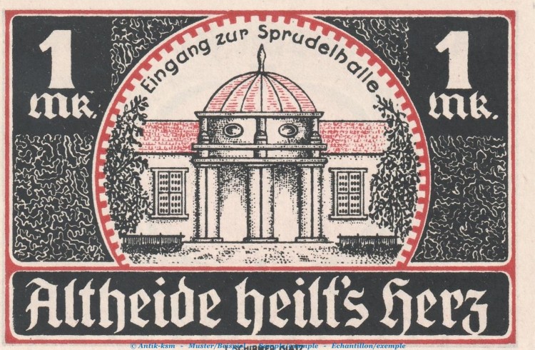 Notgeld Gemeinde Altheide 28.2 , 1 Mark Schein -rot- in kfr. von 1921 , Schlesien Seriennotgeld