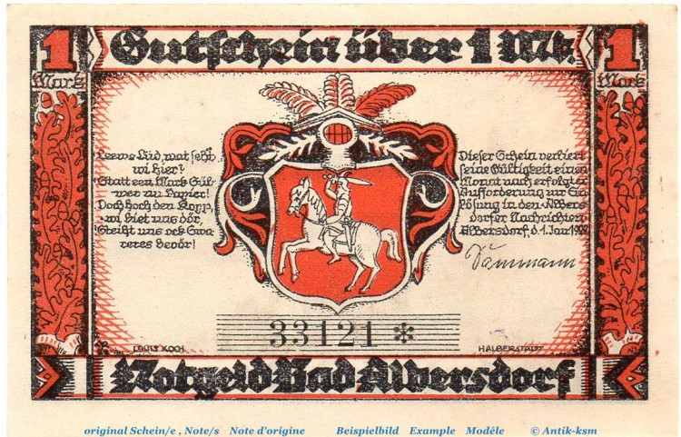Notgeld Gemeinde Bad Albersdorf 9.1 , 1 Mark Schein in kfr. von 1922 , Schleswig Holstein Seriennotgeld
