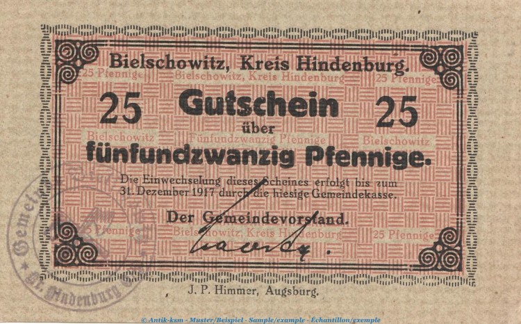 Notgeld Gemeinde Bielschowitz 0625.05.05 , 25 Pfennig Schein in kfr. o.D. Oberschlesien Verkehrsausgabe