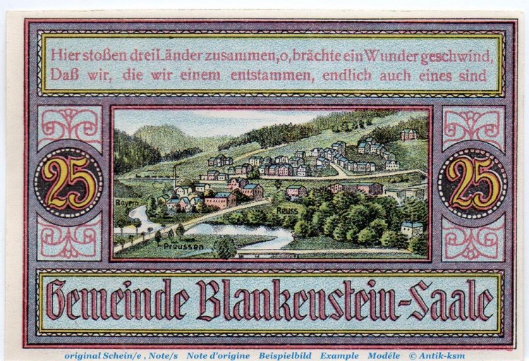 Notgeld Gemeinde Blankenstein 118.1 , 25 Pfennig Schein in kfr. von 1921 , Thüringen Seriennotgeld