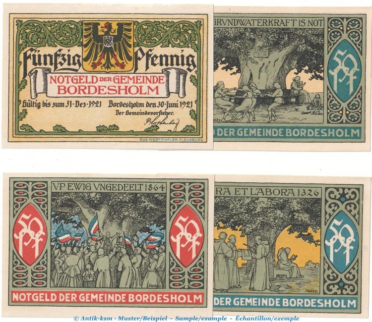 Notgeld Gemeinde Bordesholm 144.1 , Linde Set mit 4 Scheinen in kfr. von 1921 , Schleswig Holstein Seriennotgeld