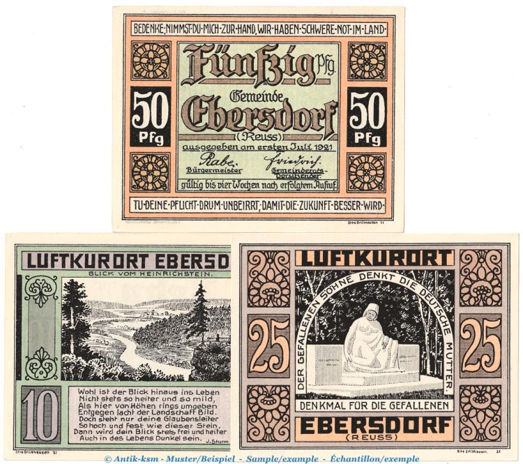 Notgeld Gemeinde Ebersdorf 302.1 , Set mit 3 Scheinen in kfr. von 1921 , Thüringen Seriennotgeld
