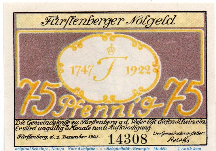 Notgeld Gemeinde Fürstenberg 401.1 , 75 Pfennig Schein in kfr. von 1921 , Niedersachsen Seriennotgeld