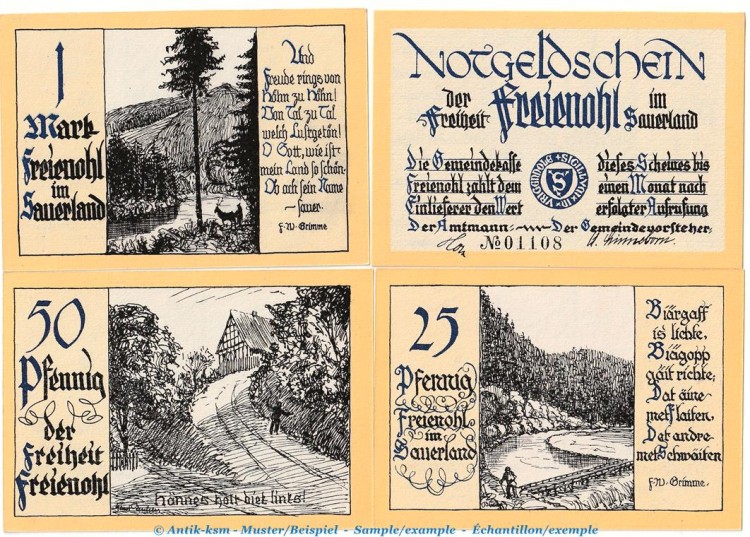 Notgeld Gemeinde Freienohl 384.1 , Set -gelb- mit 4 Scheinen in kfr. o.D. Westfalen Seriennotgeld