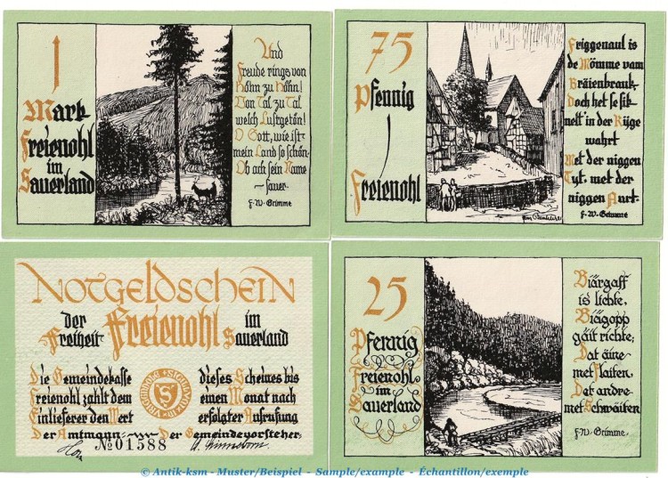 Notgeld Gemeinde Freienohl 384.1 , Set -grün- mit 4 Scheinen in kfr. o.D. Westfalen Seriennotgeld