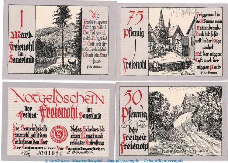 Notgeld Gemeinde Freienohl 384.1 , Set -violett- mit 4 Scheinen in kfr. o.D. Westfalen Seriennotgeld