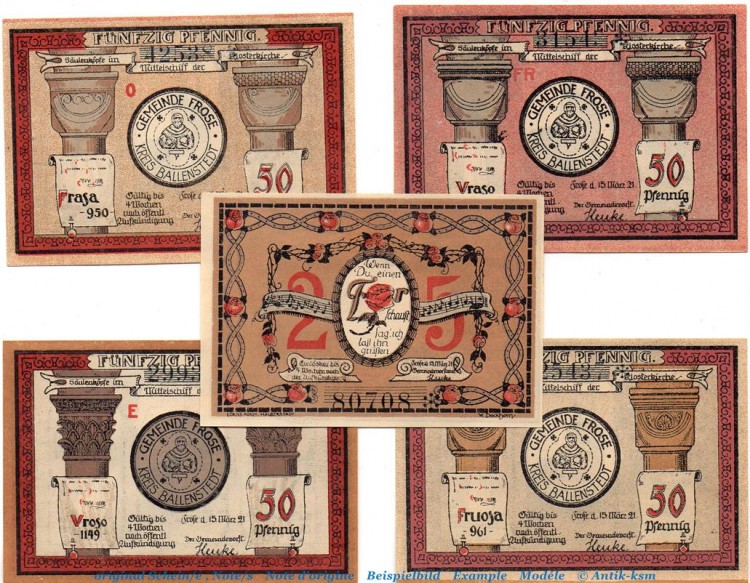 Notgeld Gemeinde Frose 398.2 , Set mit 5 Scheinen in kfr. von 1921 , Sachsen Anhalt Seriennotgeld