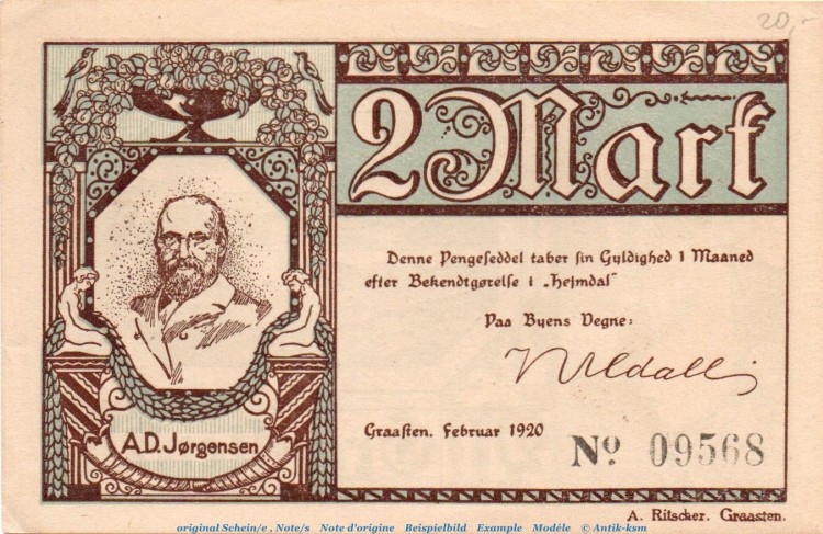 Notgeld Gemeinde Gravenstein 466.4.c , 2 Mark sämisch in kfr. von 1920 , dänisch Nordschleswig Seriennotgeld 